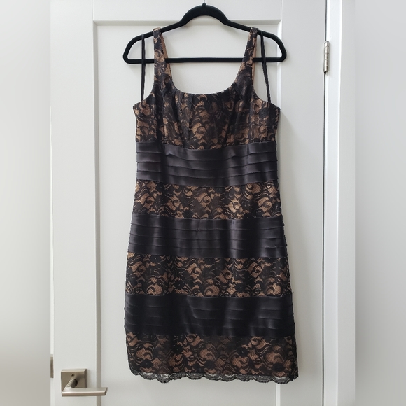 Collection Dressbarn Lace Satin Sheath Dress Cocktail Party Nude Black Size 14 - Picture 1 of 7